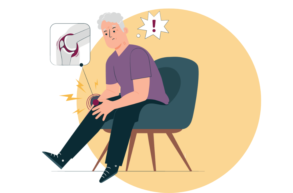 Illustration of man sitting in a chair with knee pain